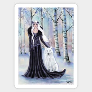 Winter goddess with white wolf by Renee Lavoie Sticker